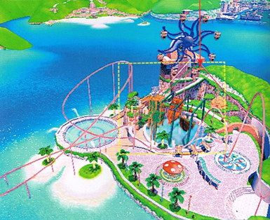A wide shot of Pinna Park from Super Mario Sunshine for the Gamecube